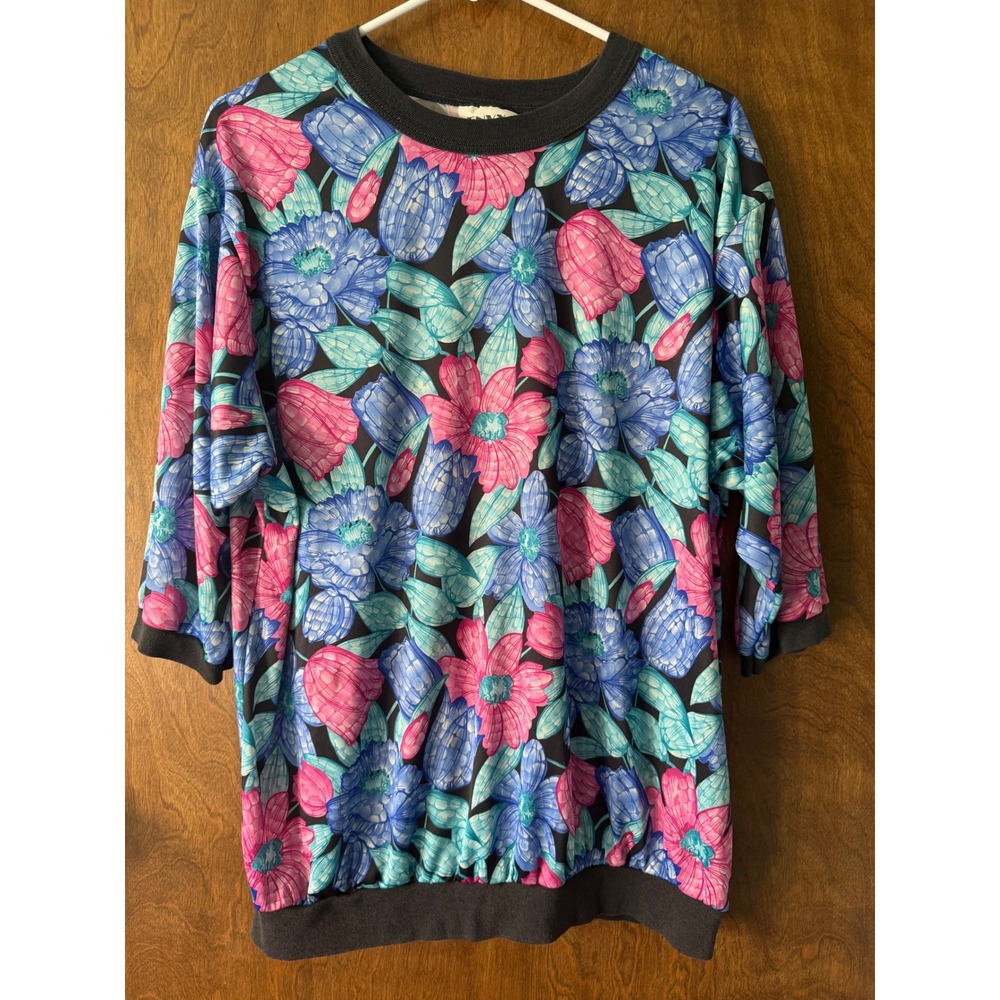 80s Vintage Envy Neon Floral Oversized Slouchy Top Made in USA Sz 24 Retro 90s